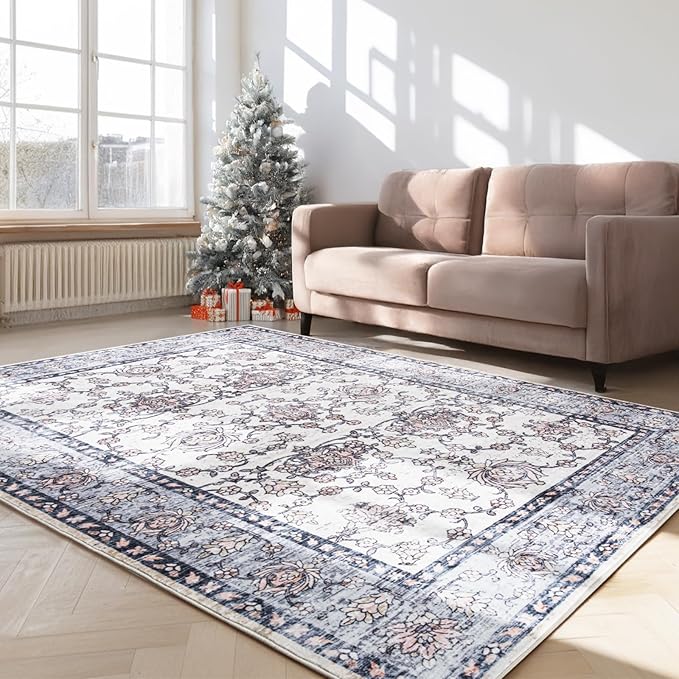 Area Rug 5x7, Washable Faux Wool Throw Rugs for Living Room, 0.3″ Non Slip Low Pile Vintage Boho Carpet for Ding Room, Home Office, Bedroom, Kids Room, Bedside (Gray Purple)