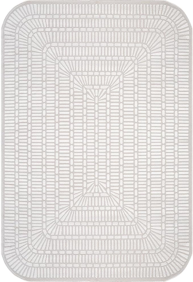 Beverly Rug Modern Geometric Area Rug 5x7 Low-High Pile Durable Soft Abstract Grid Indoor Rugs for Living Dining Room Office Stain Resistant Non Shedding Casual Indoor Carpet Beige White 5 x 7