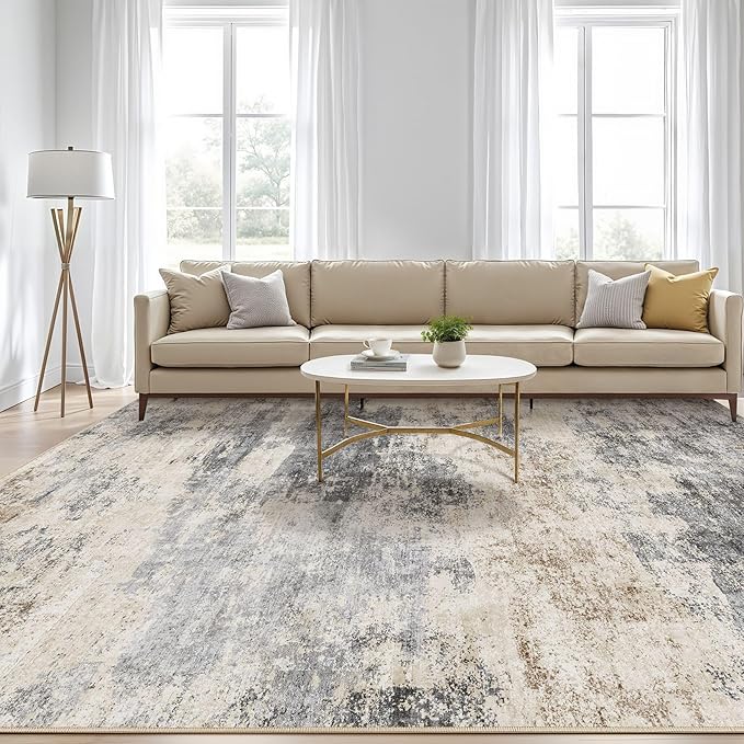 10x12 Area Rug Living Room: Washable Large Abstract Modern Soft Rug Stain Resistant Indoor Floor Non Slip Accent Carpet for Bedroom Nursery Playroom Dining Room Office Dorm Home House- Grey Brown
