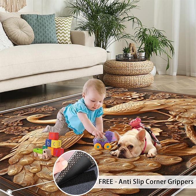 Peacock Rugs for Bedroom - 3x5 Rug, European Style Area Rugs for Living Room, Peacock Decor Carpet, Gold Peafowl Washable Area Mat, Luxury Carpet - Peafowl Home Decor & Gifts