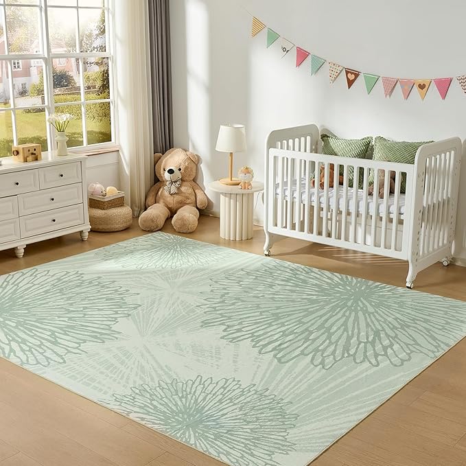 WITSHOCK 7x9 Washable Rug for Living Room,Modern Floral Distress Print Pattern Area Rugs,Stain Resistant with Non Slip Backing Carpet for Dining Room,Bedroom & Home Decor,Green/Light Green
