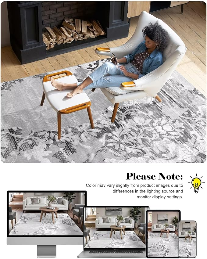 Washable Abstract Rug, 4x6 Classic Grey and White Floral Area Rugs with Non-Slip Rubber Backed for Bedroom, Low Pile Modern Throw Carpet Kitchen Living Room Decor