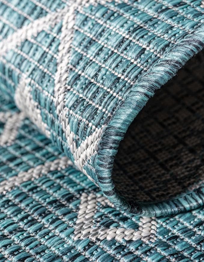 Unique Loom Outdoor Trellis Collection Area Rug - Tribal Trellis (7' 10" Octagon, Teal/ Ivory)