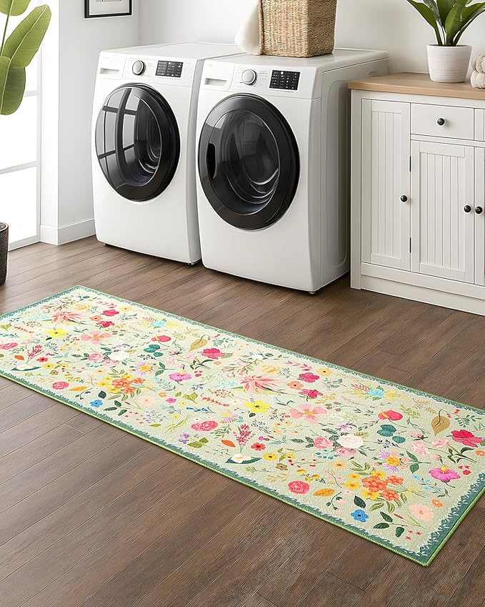 Boho Floral Runner Rug 2x6, Washable Non-Slip Kitchen Rug, Ultra Soft Vintage Carpet for Hallways, Kitchen, Bedroom, Bathroom (Green)