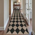 Easy Jute Checkered Runner Rug, 2.6x10 Black Modern Washable Rugs Runner for Hallway Non-Slip Kitchen Runner Rug, Geometric Diamond Indoor Outdoor Carpet for Porch Laundry Entryway