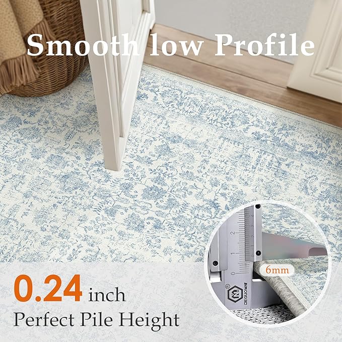 Blue Runner Rug 2x5 Hallway Machine Washable Kitchen Vintage Distressed Non Slip Long Carpet Indoor Retro Floral Bedroom Accent Throw Rug for Bathroom Office Laundry Dining Room