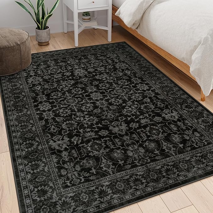 LIVEBOX Washable Area Rug 5x7 - Large Black Boho Living Room Rug Vintage Rugs for Bedroom, Lightweight Retro Carpet Floral Accent Rugs for Dining Room High Traffic Area