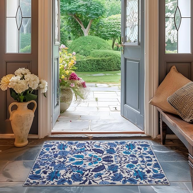 EVERGRACE Area Rugs for Entryway 2x3, Boho Floral Faux Wool Indoor Outdoor Small Rugs, Washable Rugs for Bedroom Bathroom Laundry Doormat, Low Pile Floor Mat Carpet for Home Decor, Celtic Blue