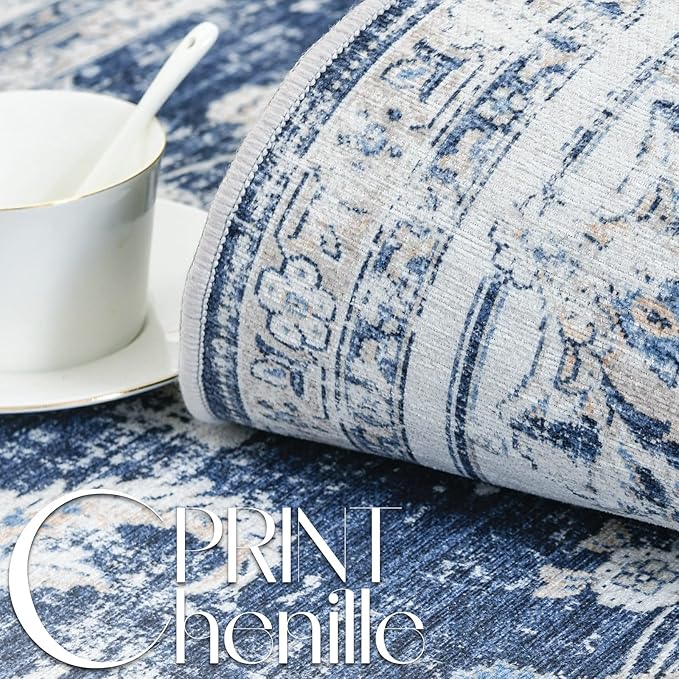 jinchan Fiora Runner Rug 2x6 Machine Washable Hallway Rug Dark Blue Vintage Floral Print Non-Slip Low Pile Ultra-Thin for Kitchen, Entryway, Laundry Room, Bedroom, Farmhouse (2‘x6’, Dark Blue)