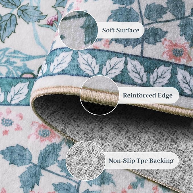 6x9 Area Rugs Living Room Rug - Floral Vintage Morris-Inspired Washable Carpet, Low Pile Non-Shedding Stain Resistance Boho Soft Carpet for Bedroom, Dining Room, Office, Farmhouse (6'x9' Blue/Pink)