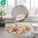 4ft Round Machine Washable Area Rug for Living Room, Beige Vintage Boho Floral Rug Large Non-Slip Low Pile Soft Faux Wool Carpet, Kids and Pets Friendly for Bedroom Nursery Farmhouse Home Decor Rug