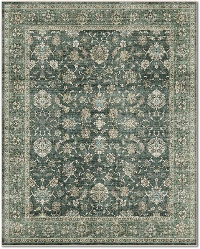 Washable 6x9 Area Rugs for Living Room, Boho Non-Slip Vintage Distress Large Rugs for Bedroom Dining Room Nursery Office, 0.3" Neutral Oriental Throw Thin Carpet, Sage Green/Blue/Multi