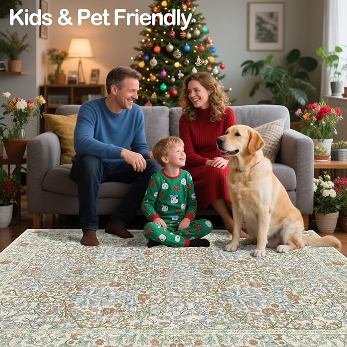 Vintage Beige Blue Living Room Rug, 5x7 Washable Area Rugs for Dining Room Under Table, Soft Low Pile Large Carpet Bedroom, Non-Slip Boho Floral (5 x 7 Beige Blue)