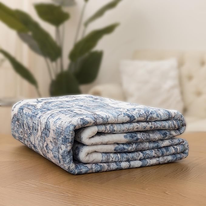 ReaLife Rugs Machine Washable Area Rug Runner - Living Room Bedroom Bathroom Kitchen Entryway Office - Padded Low Pile Stain Resistant Premium - Boho Farmhouse Vintage - Joy - Blue Ivory 2'6" x 8'