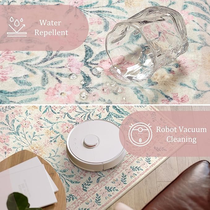Morebes Floral Pink Rugs for Bedroom Girls, Washable 5x7 Large Area Rug for Living Room Non Slip, Vintage Low-Pile Indoor Floor Boho Flower Carpet for Kids Nursery Playroom, Light Pink&Green