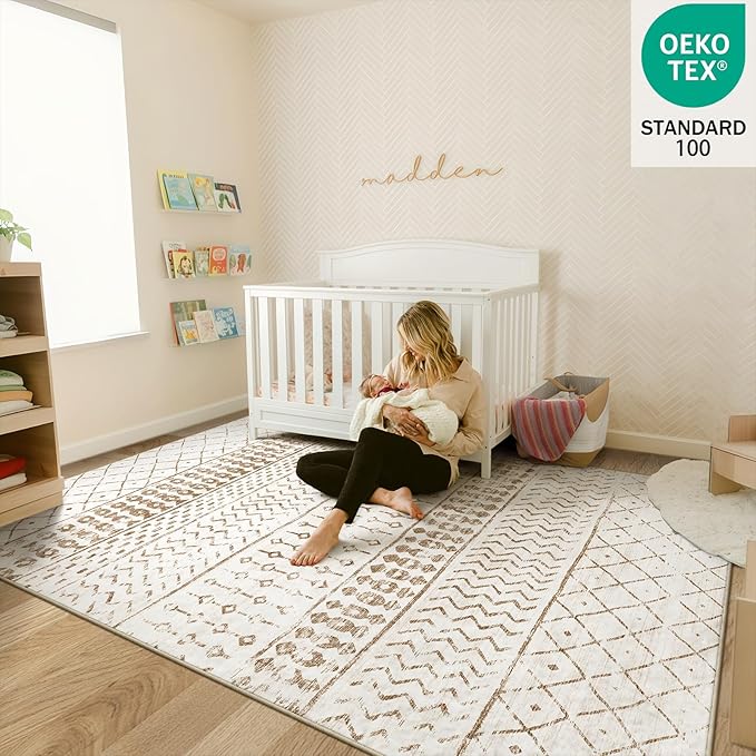 5x7 Machine Washable Area Rug for Living Room, Brown White Vintage Moroccan Rug Large Non-Slip Low Pile Soft Faux Wool Carpet, Kids and Pets Friendly for Bedroom Dining Room Farmhouse Home Decor Rug