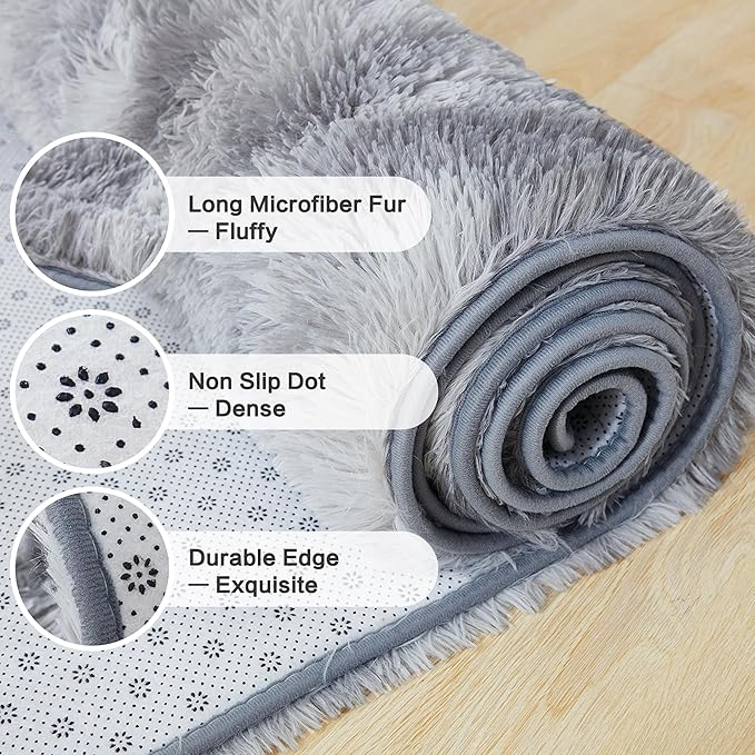 Andency Soft Area Rugs for Living Room Bedroom, 3x5 Non-Slip Fluffy Shag Carpet, Indoor Floor Fuzzy Shaggy Living Room Plush Rug for Kids Dorm Nursery Home Decor Aesthetic, Tie-Dyed Light Grey