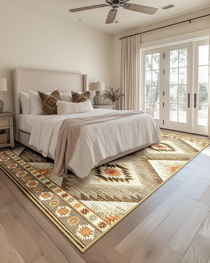 Area Rug 10x12 Rug Machine Washable Non-Slip Low Pile Print Pattern Western Rug for Living Room Bedroom Entryway Tribal Series-Cream/Camel