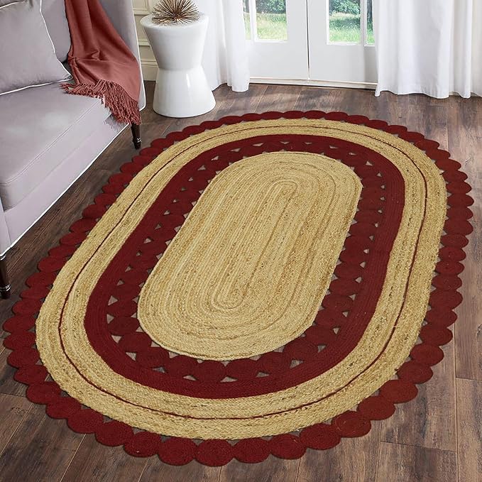 4x8 Jute Oval Rug – Hand Braided Natural Jute Oval Rug, 0.27" Thick Flatweave, Solid Red Beige Handmade Boho Carpet for Bedroom, Living Room, Dining Room