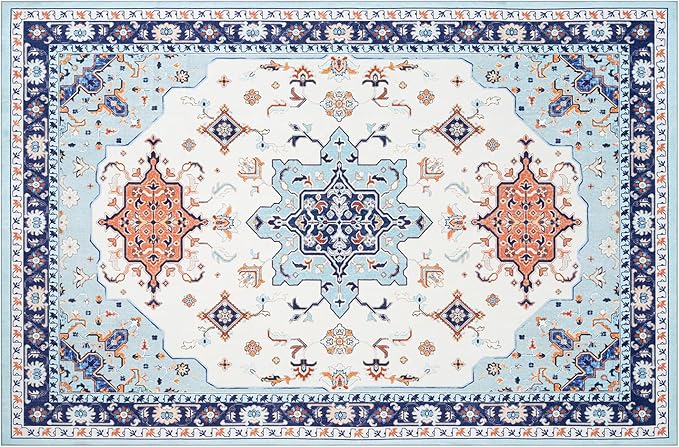 Phantoscope Washable Area Rug 6'x9' Non-Slip, Vintage Boho Rugs for Living Room, Bedroom, Dining Room, Medallion Persian Symmetrical Pattern, Low-Pile Foldable Floor Carpet, Ivory Blue/Orange
