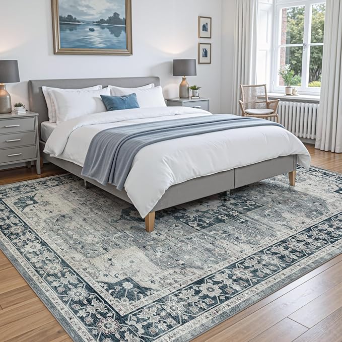 DEXI 9x12 Area Rug for Living Room, Washable Vintage Farmhouse Thin Rug Indoor Floor, Non Slip Stain Resistant Low Pile Carpet for Dining Room Bedroom Office, Blue Grey