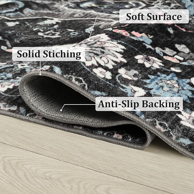 Large Area Rugs 8x10 for Living Room, Bedroom, Washable Vintage Rugs -Low Pile Distressed Rugs for Kitchen, Dining Room, Water Repellent & Non Shedding, Black and Blue