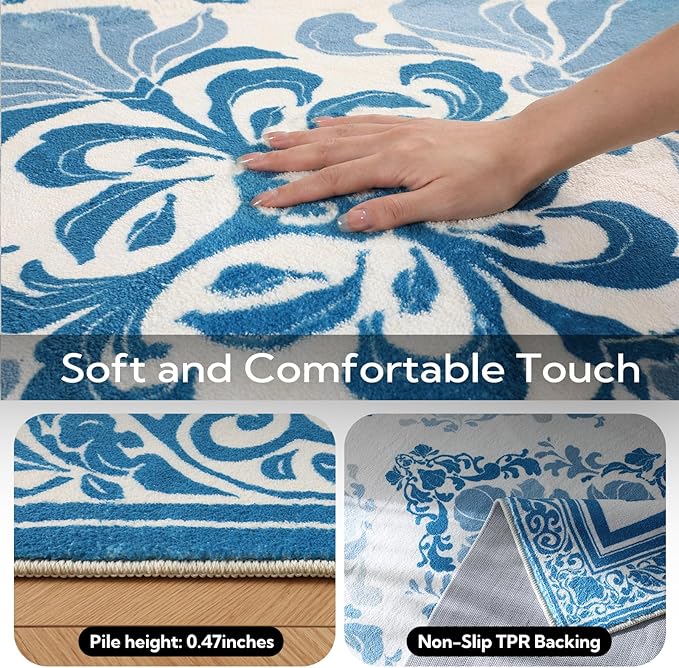 SOULFUL Medium Pile 3x5 Area Rug - Soft Foot Feel Small Entryway Rug - Blue Boho Floral - Washable Non-Slip - Perfect for Living Room Bedroom Foot Kids Room Reading Nook