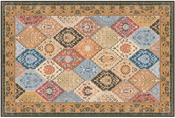 Phantoscope Washable Area Rug 4'x6' Non-Slip, Vintage Boho Rugs for Living Room, Bedroom, Dining Room, Distressed Moroccan Mosaic Diamond Pattern, Low-Pile Foldable Floor Carpet, Terracotta/Rust