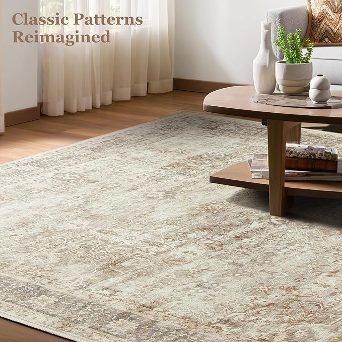 Vintage Neutral Large Area Rugs 9x12 for Living Room, Earth Tone Beige Taupe Big Room Carpet Rug for Bedroom Dining Room, Washable Rug with Rubber Backing Low Pile Thin Soft for Family Room