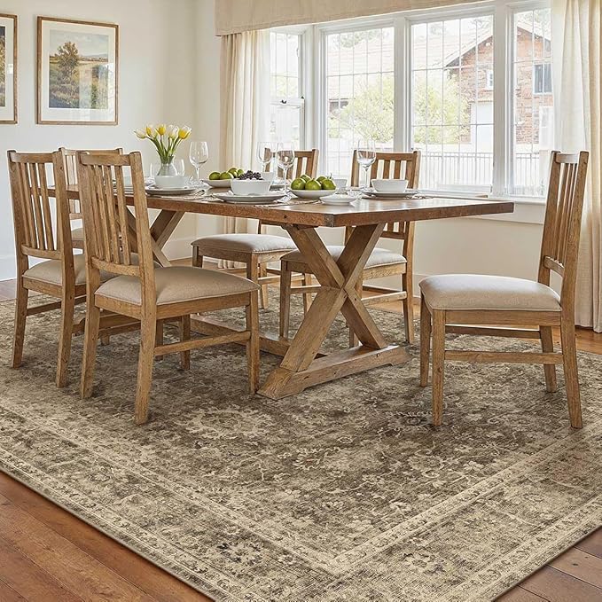 10x14 Brown Vintage Area Rug for Living Room Bedroom Large Distressed Rustic Carpet Non-Slip Low Pile Lightweight Vacuumable Soft Washable Throw Rug for Indoor Dining Room