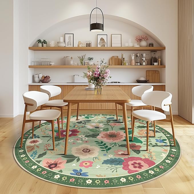 Floral 4ft Area Rug Machine Washable Soft Print Boho Carpet Non Slip Doormat Low Pile Flower Area Rugs for Living Room Bedroom Nursery Kitchen Dining Room Indoor-Light Green