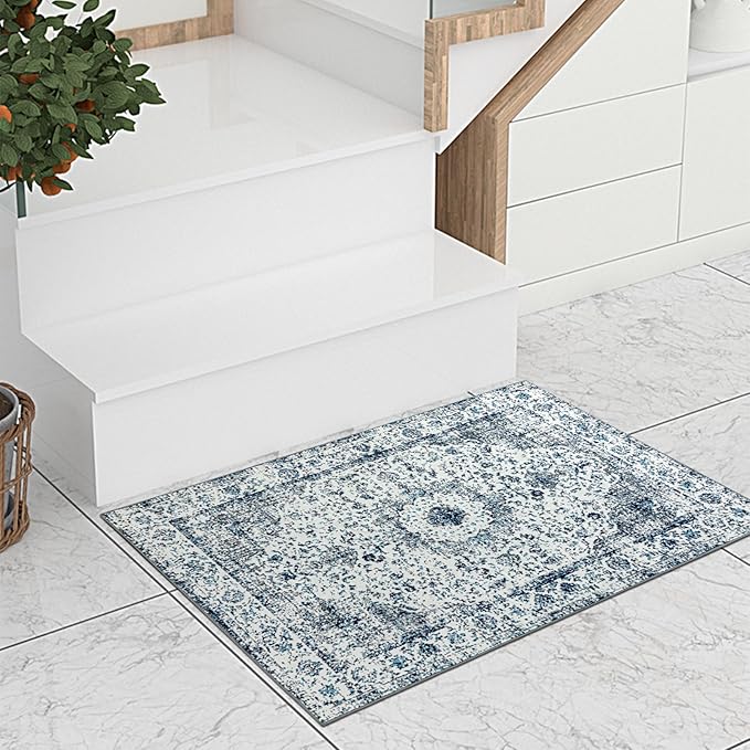 Easy-Going Boho Area Rug 3x5 Entryway Rug Washable Inside Door Mats for Home Entrance Non-Slip Vintage Small Rugs for Entry Living Room Bedroom Kitchen Bathroom Lightweight Carpet, Floral Blue Cream