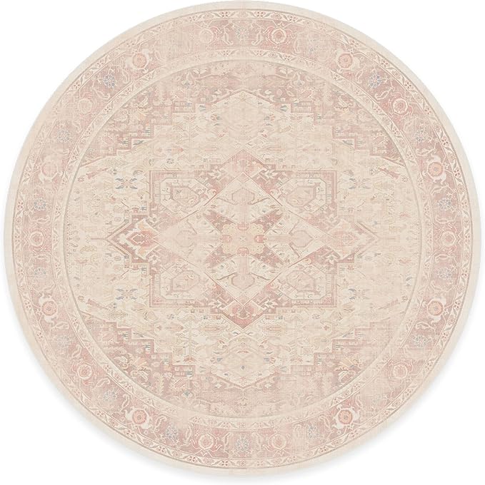 RUGGABLE Washable Area Rug – Kamran Soft Pink 8 ft Round, Stain-Resistant, Non-Slip – Large Machine Washable Rugs for Living Room, Bedroom, Hallway, Entryway & Office–with Standard Pad