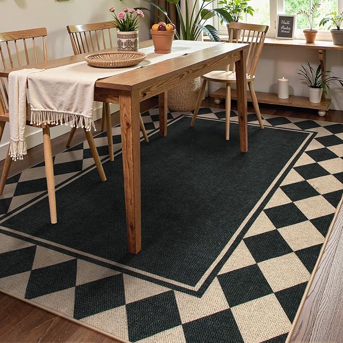 Moynesa Easy Jute Outdoor Rug 8x10 Area Rugs for Living Room, Washable Checkered Indoor Outdoor Patio Rug Non Slip, Farmhouse Carpet for Bedroom Dining Room Table, Black Grid Pattern