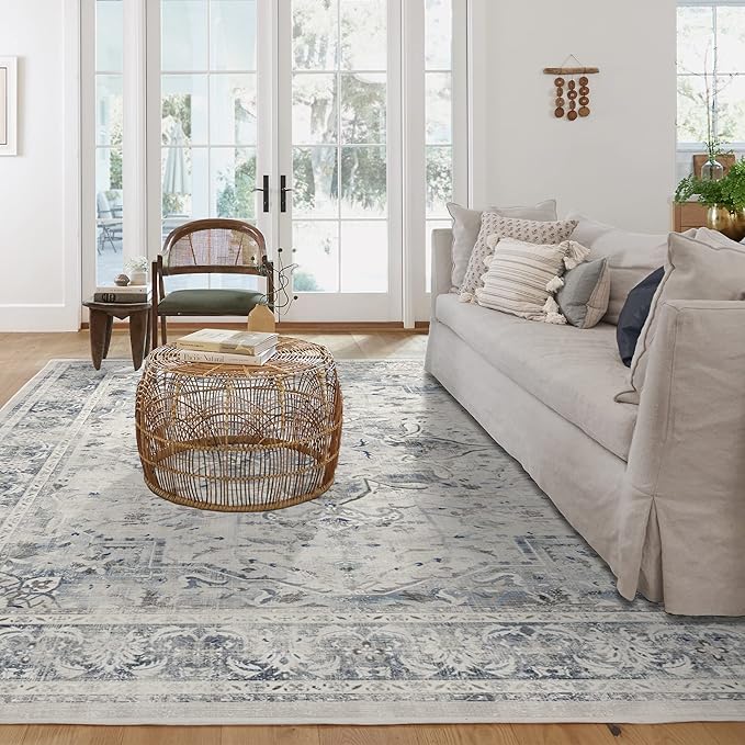 RUGGABLE Washable Vintage Area Rug – Sarrah Blue Quartz 10x14, Stain-Resistant, Non-Slip – Large Machine Washable Rugs for Living Room, Bedroom, Hallway, Entryway & Office–with Cushioned Pad