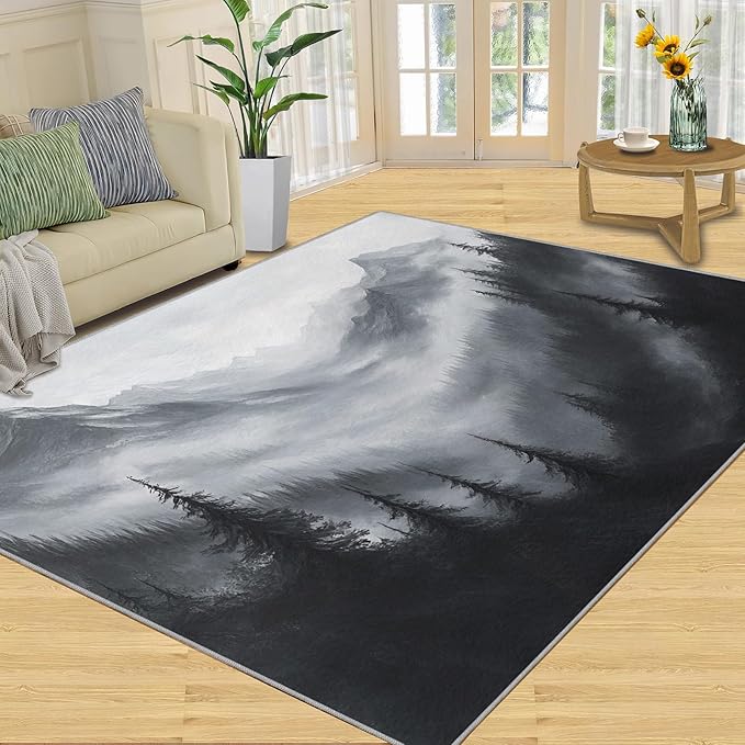Misty Forest Rugs for Bedroom - 3x5 Area Rug - Modern Black White Art Rugs for Living Room, Natural Landscape Rug, Washable Home Decor Carpet
