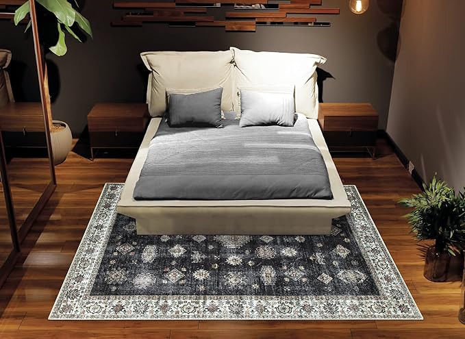 Bloom Rugs Washable Non-Slip 8' x 10' Rug - Black/Ivory Traditional Area Rug for Living Room, Bedroom, Dining Room, and Kitchen - Exact Size: 8' x 10'