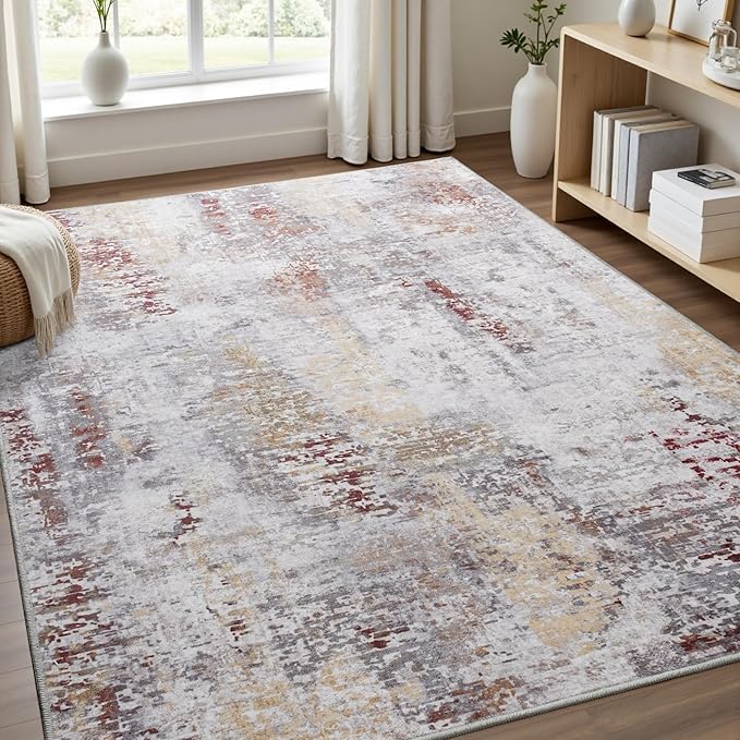 Toneed Abstract Area Rug Modern Washable Rug Soft Non Slip Rug Low Pile for Bedroom Living Room Dining Room Taupe Grey Brown 9x11 Feet