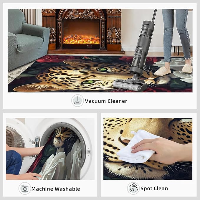 Leopard Rugs for Bedroom - 3x5 Area Rug - Flowers Leopard Rugs for Living Room, 3D Flowers Animal Rug, Washable Home Decor Carpet