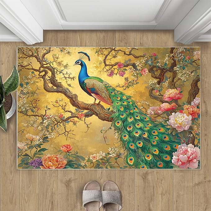 Peacock Peony Rugs for Bedroom - 2x3 Rug, Classic Peacock Peony Area Rugs for Living Room, Oriental Carpet, Floral Plant Washable Area Mat, Aesthetics Carpet - Peafowl Home Decor & Gifts