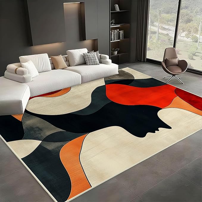 8x10 Abstract Rug, Abstract Area Rug, Geometric Area Rugs, Modern Geometric Rugs, Minimalist Face Carpet, Contemporary Carpet for Living Room, Non Slip & Faux Cashmere Low Pile