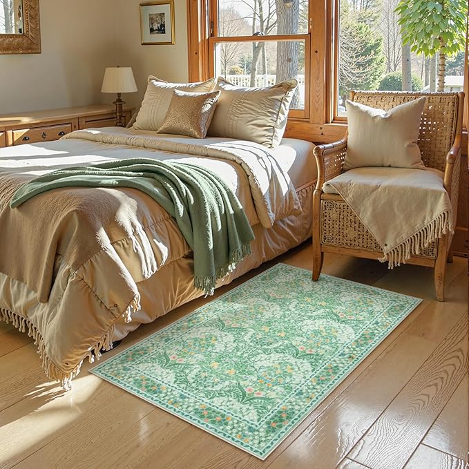 Lahome Floral Entryway Rug, 2x3 Kitchen Rugs Non Slip Washable Boho Green Forest, Soft Door Mat Indoor Entrance, Ultra-Thin Easy Clean Small Throw Carpet for Bedroom Bathroom, Sage Green