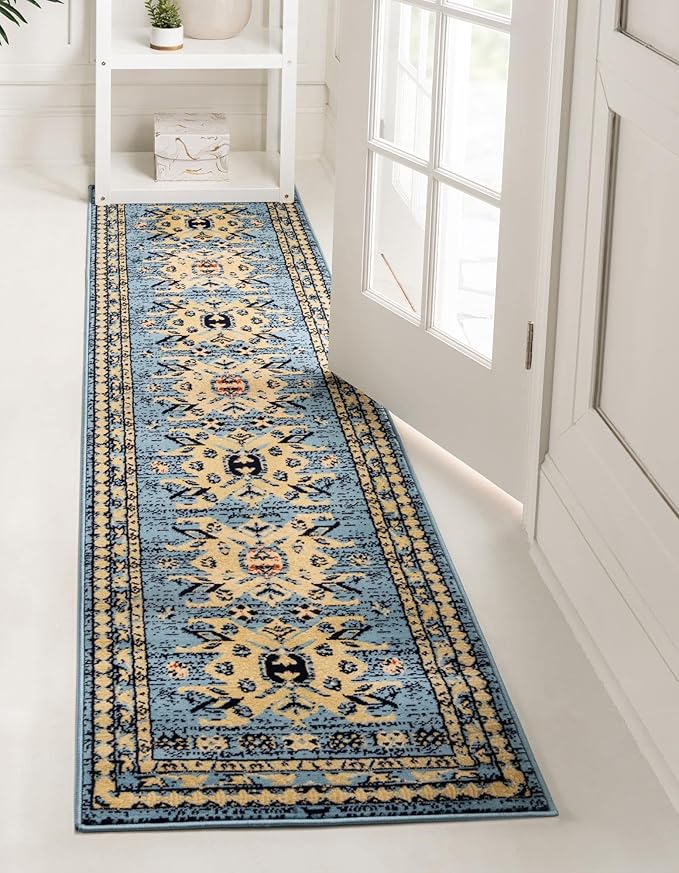Unique Loom Taftan Collection Border Geometric Tribal Inspired Design Area Rug (2' 2 x 8' 2 Runner, Light Blue/ Gold)