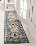 Unique Loom Taftan Collection Border Geometric Tribal Inspired Design Area Rug (2' 2 x 8' 2 Runner, Light Blue/ Gold)