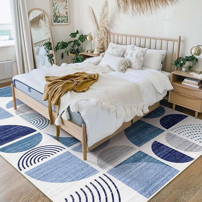 MUJOO 5x7 Area Rugs Washable,Blue Boho Rugs for Living Room Bedroom Playroom,Large Throw Floor Carpet Non Slip Soft Modern Abstract Navy Blue