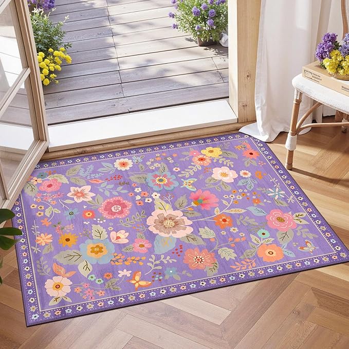 Floral 2x3 Area Rug Machine Washable Soft Print Boho Carpet Non Slip Doormat Low Pile Flower Area Rugs for Living Room Bedroom Nursery Kitchen Dining Room Indoor-Purple/Pink/Multi
