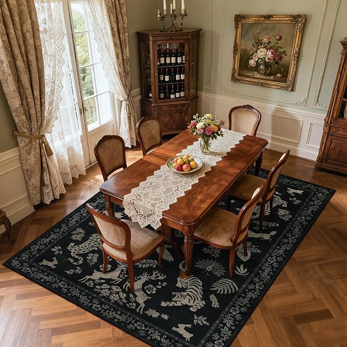 Moynesa Vintage Animal Washable Area Rugs 8x10, Retro Black Gold Area Rug for Living Room Bedroom Dining Room Office Study, Low Pile Soft Non Slip Stain-Resistant Carpets for Home Decor