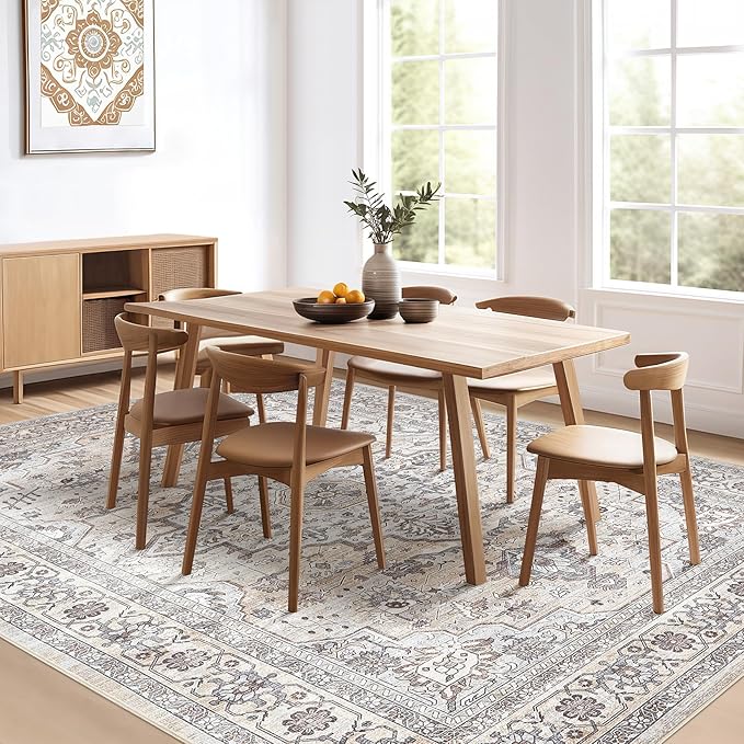 7x9 Area Rug Living Room: Washable Boho Large Neutral Vintage Soft Rugs Stain Resistant Farmhouse Non Slip Indoor Floor Carpet for Bedroom Nursery Kids Playroom Office Dining Room- Ivory Gray