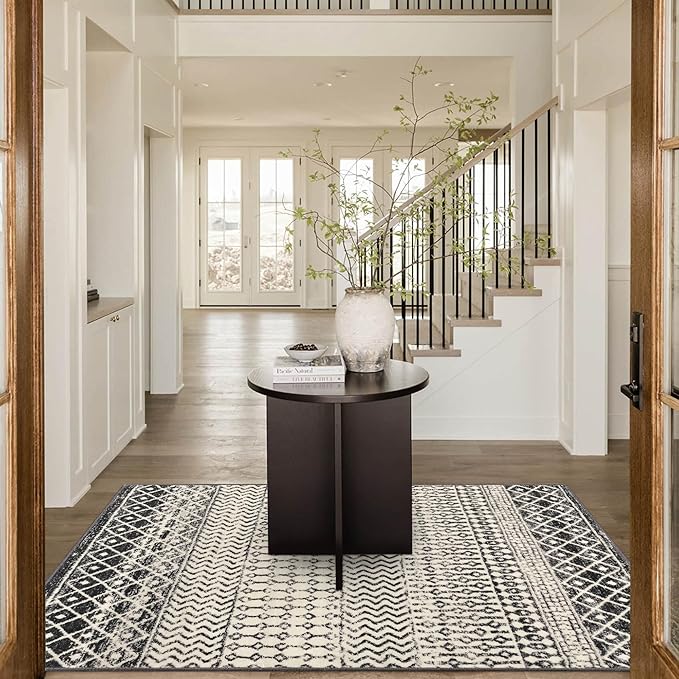 Geometric Moroccan 6x9 Rug, Ultra Soft Distressed Black Rug for Bedroom Non-Slip, Low-Pile Washable Living Room Rug Indoor Carpet for Bedroom Dining Room Classroom Dorm