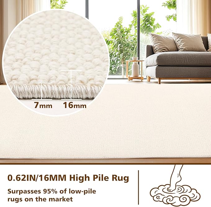 ANSSO Wool Rugs 8x10 for Living Room,80% Merino Wool and 20% Cotton Soft Tufted Area Rug with Cotton Non-Slip Backing,Large Area Rug for Bedroom Bedroom, Dining and Home Office (Cream White)